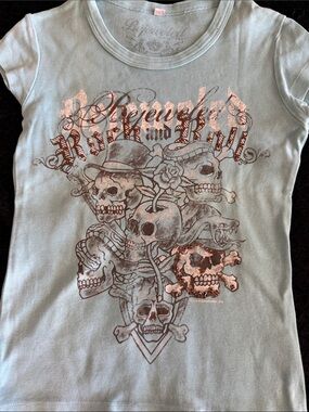 Rebel Rock 'n' Roll Girls' Pale Blue Skull Graphic Tee